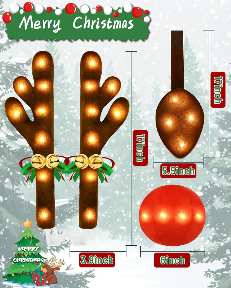 Dergo Christmas Reindeer Antlers Car Decoration Kit 2025, LED Lights Nose Vehicle with Jingle Bells Rudolph, Cute Costume Auto Holiday Accessories for SUV Van Truck Decor Warm White - Image 3